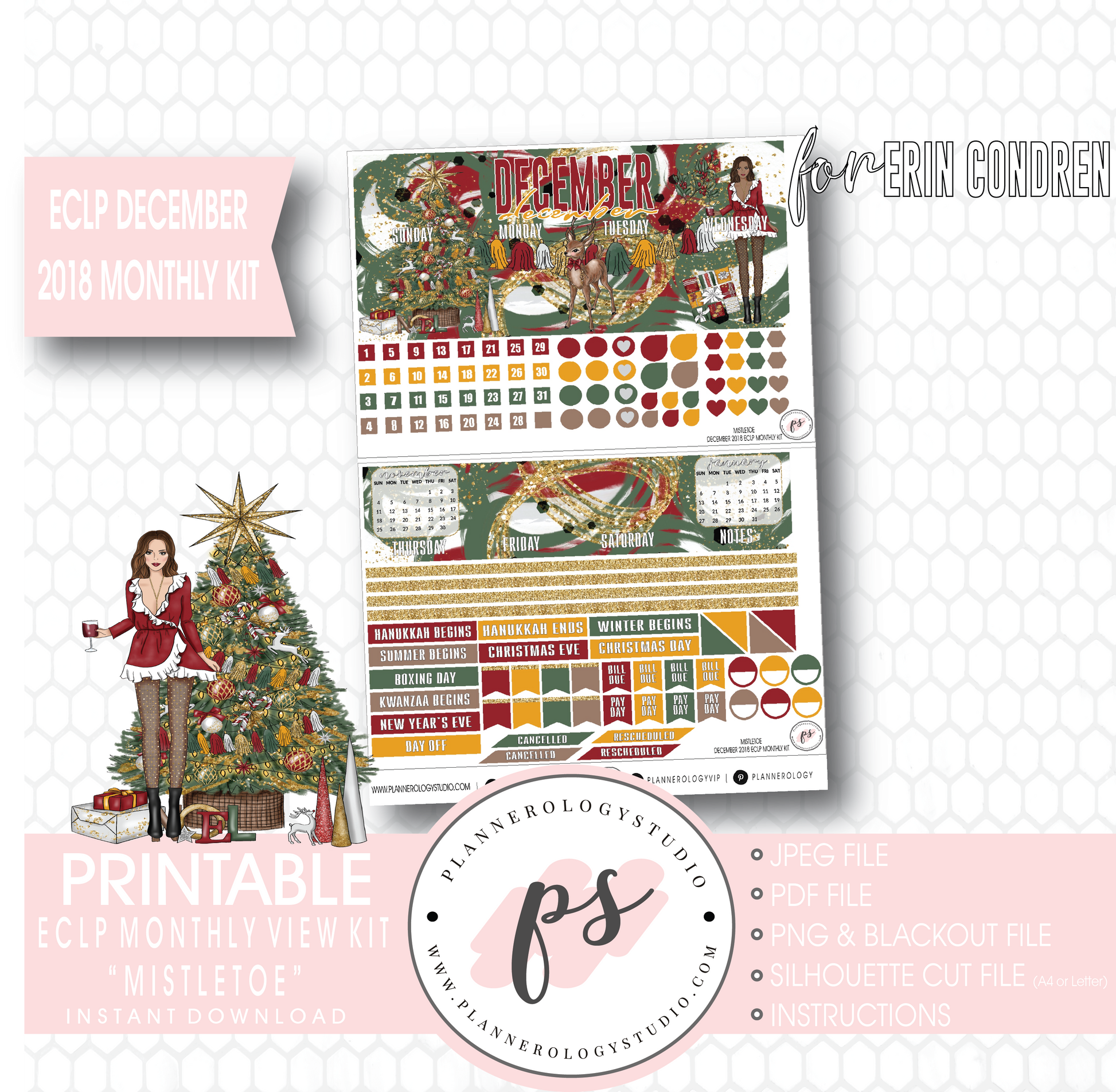 Mistletoe Christmas December 2018 Monthly View Kit Digital Printable Planner Stickers (for use with Erin Condren) - Plannerologystudio