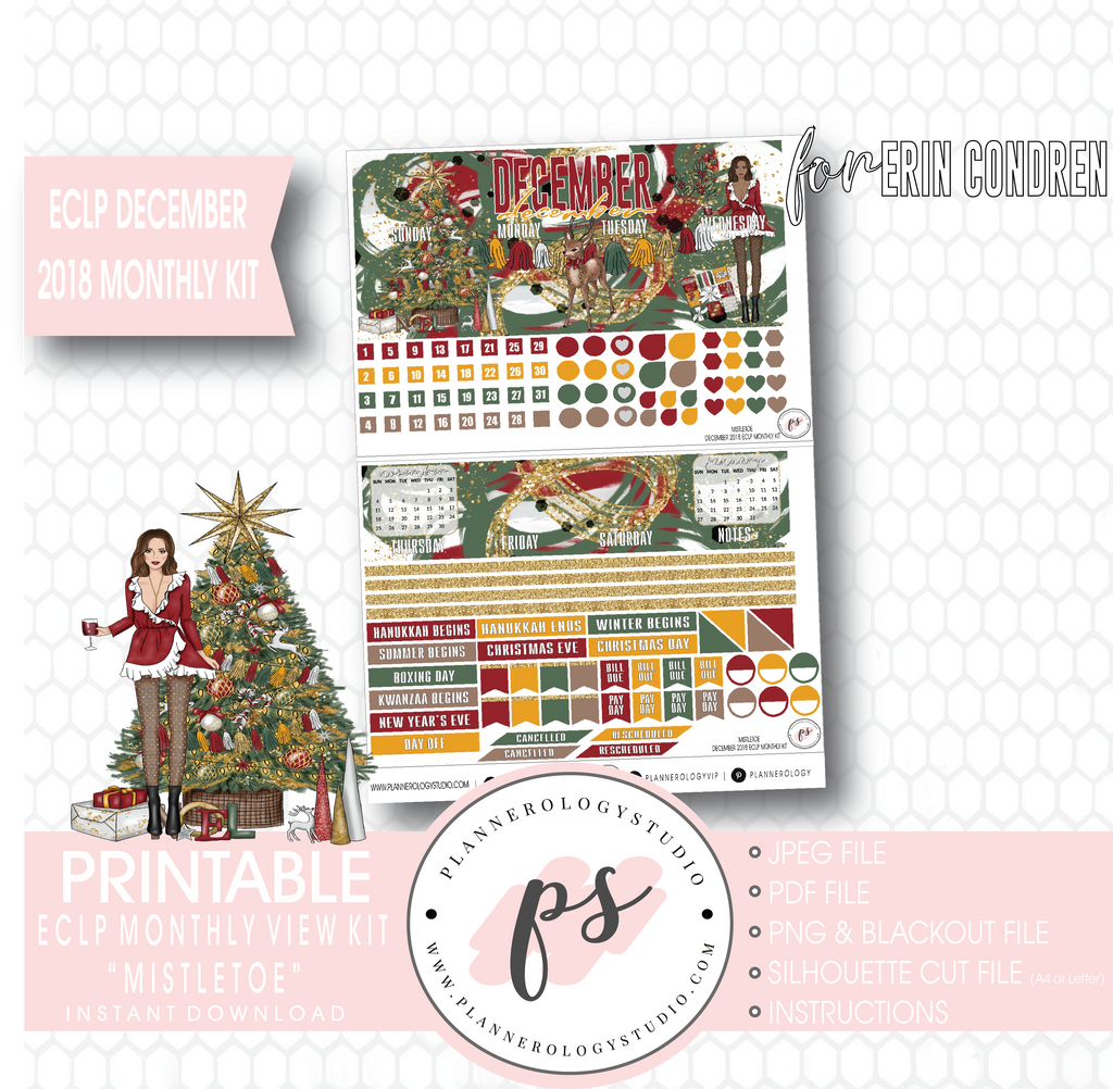 Mistletoe Christmas December 2018 Monthly View Kit Digital Printable Planner Stickers (for use with Erin Condren) - Plannerologystudio