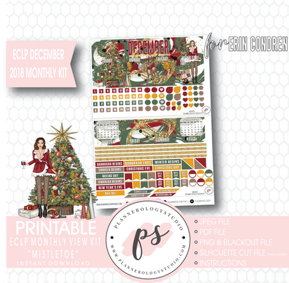 Mistletoe Christmas December 2018 Monthly View Kit Digital Printable Planner Stickers (for use with Erin Condren) - Plannerologystudio