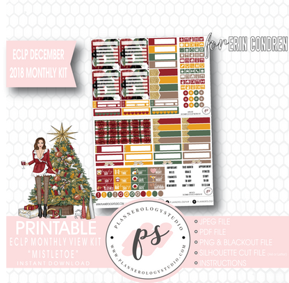 Mistletoe Christmas December 2018 Monthly View Kit Digital Printable Planner Stickers (for use with Erin Condren) - Plannerologystudio