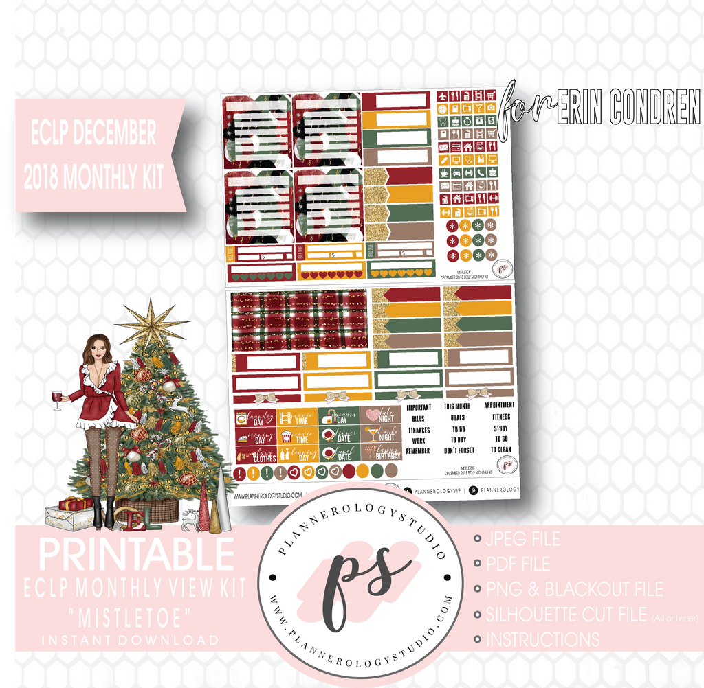 Mistletoe Christmas December 2018 Monthly View Kit Digital Printable Planner Stickers (for use with Erin Condren) - Plannerologystudio