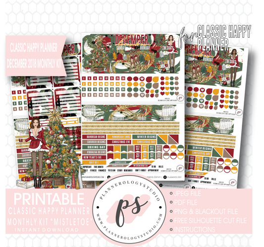 Mistletoe Christmas December 2018 Monthly View Kit Digital Printable Planner Stickers (for use with Classic Happy Planner) - Plannerologystudio