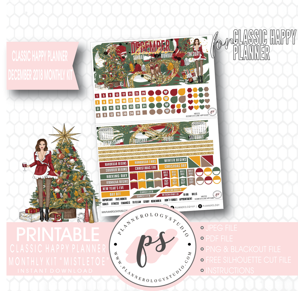 Mistletoe Christmas December 2018 Monthly View Kit Digital Printable Planner Stickers (for use with Classic Happy Planner) - Plannerologystudio