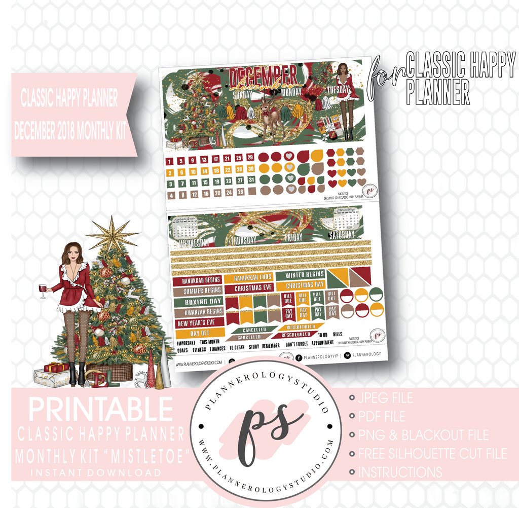 Mistletoe Christmas December 2018 Monthly View Kit Digital Printable Planner Stickers (for use with Classic Happy Planner) - Plannerologystudio
