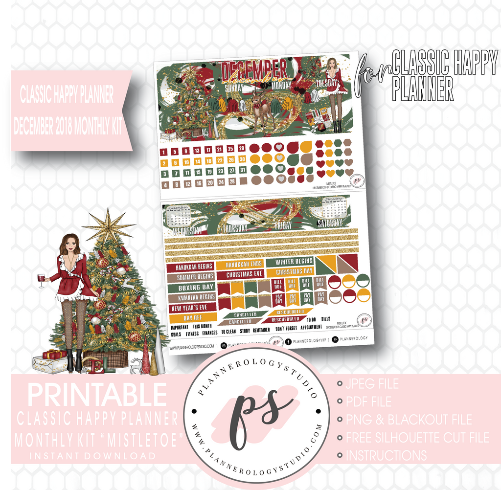 Mistletoe Christmas December 2018 Monthly View Kit Digital Printable Planner Stickers (for use with Classic Happy Planner) - Plannerologystudio