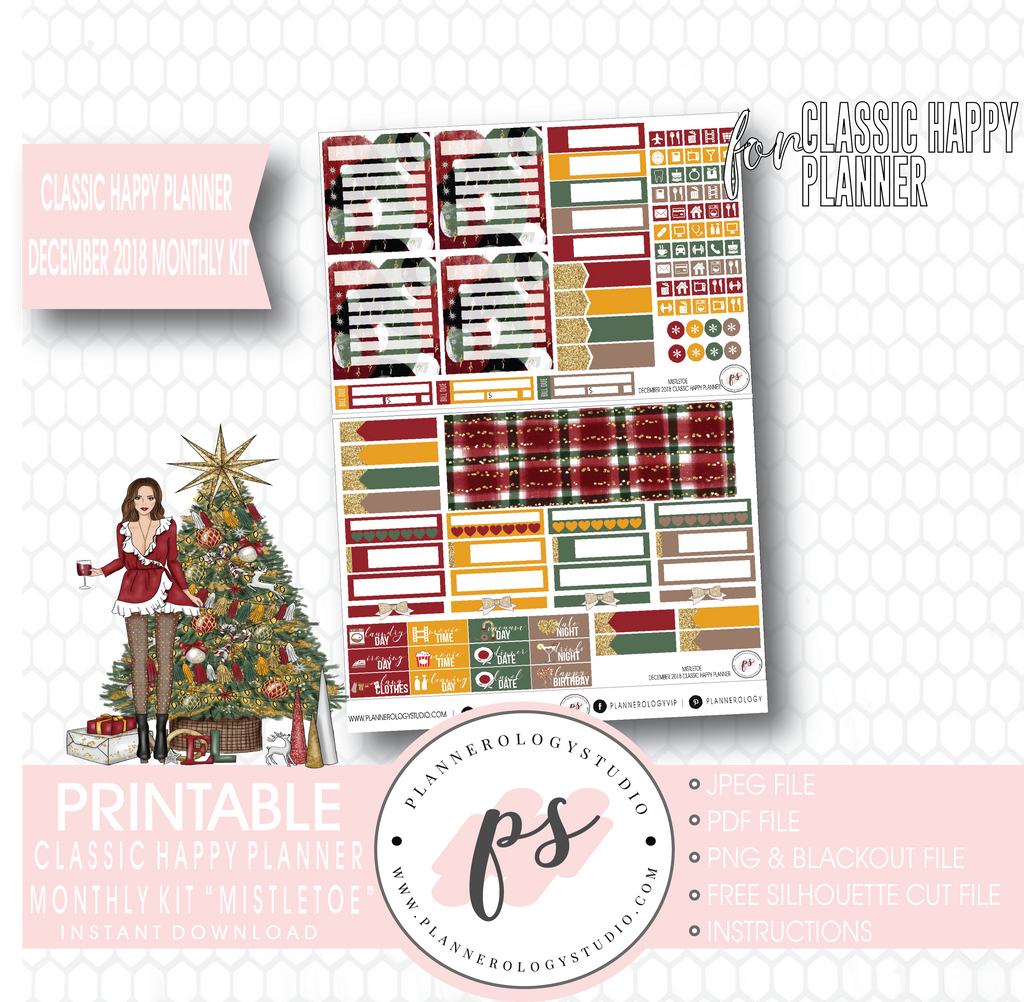 Mistletoe Christmas December 2018 Monthly View Kit Digital Printable Planner Stickers (for use with Classic Happy Planner) - Plannerologystudio