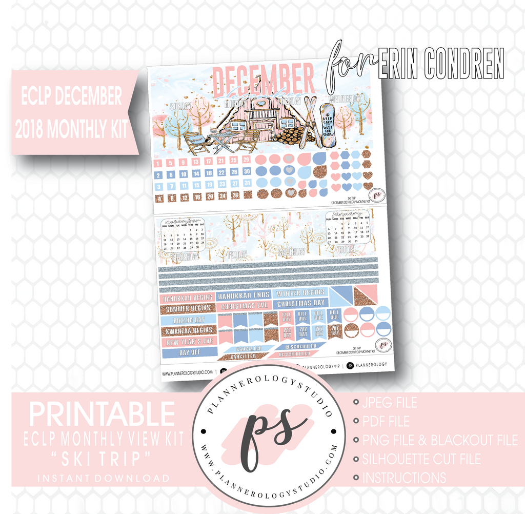 Ski Trip Winter Christmas December 2018 Monthly View Kit Digital Printable Planner Stickers (for use with Erin Condren) - Plannerologystudio
