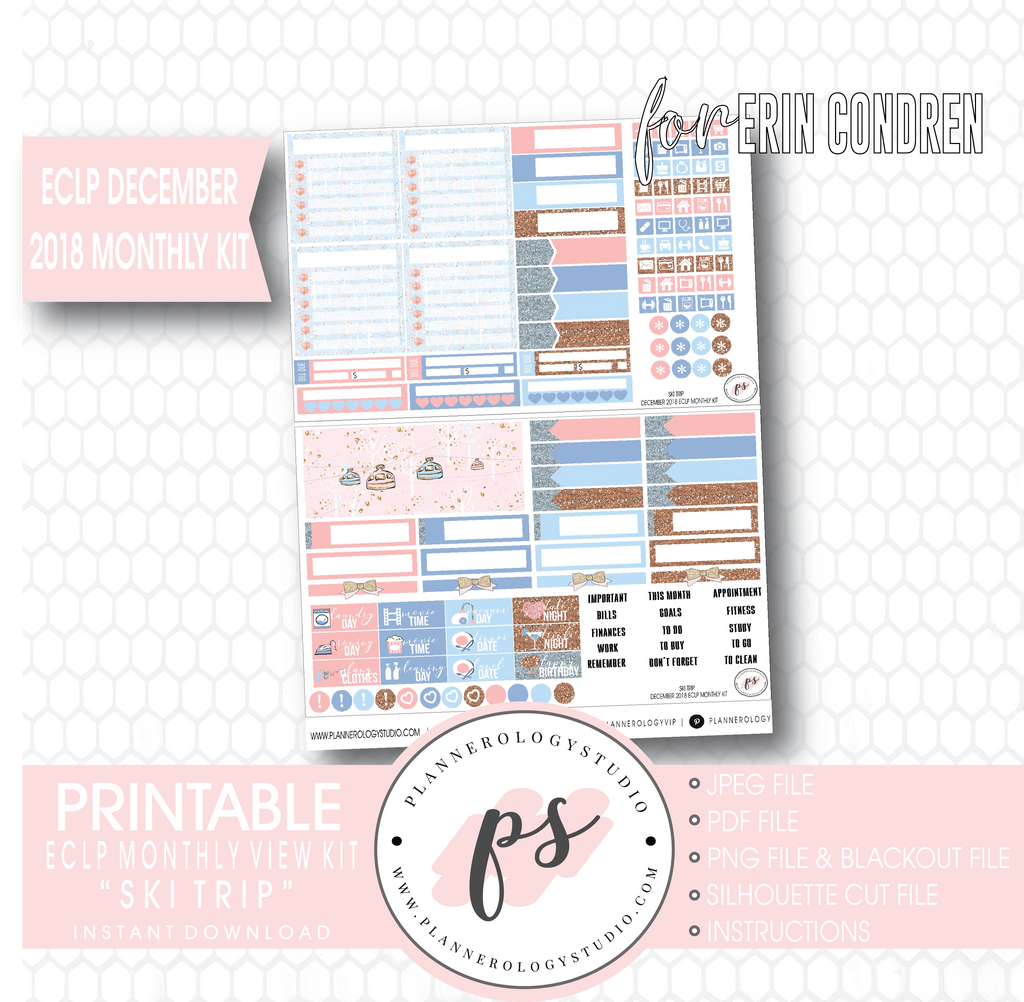 Ski Trip Winter Christmas December 2018 Monthly View Kit Digital Printable Planner Stickers (for use with Erin Condren) - Plannerologystudio