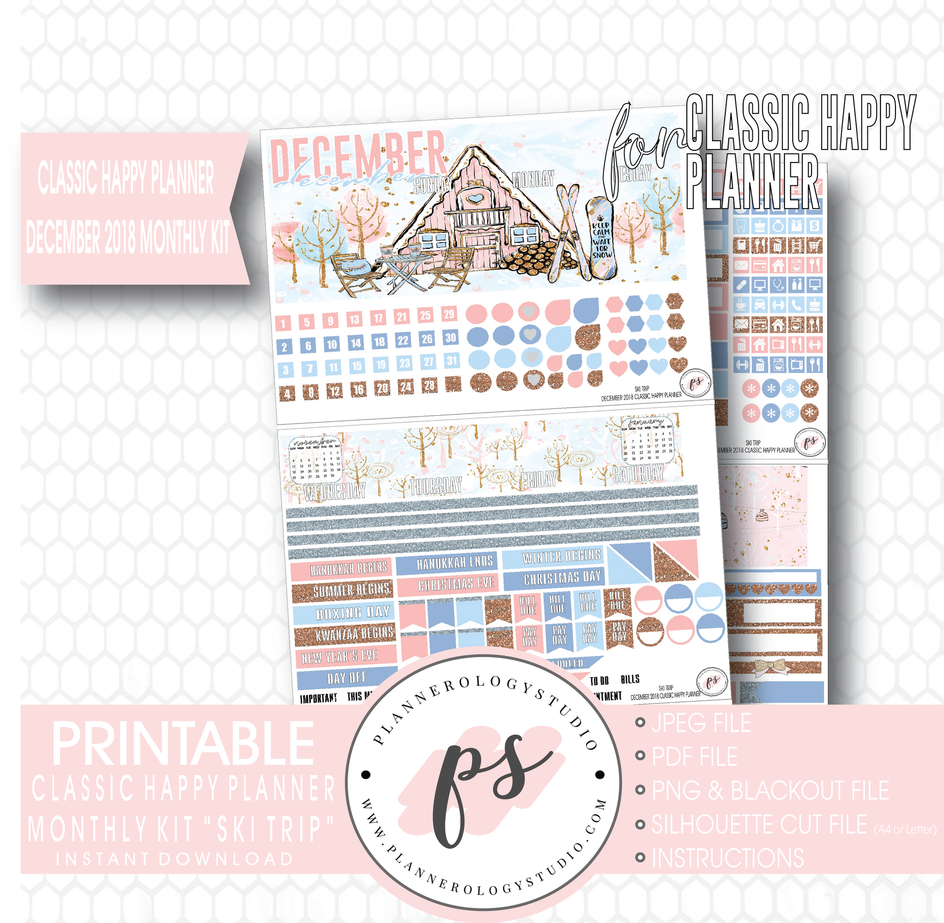 Ski Trip December 2018 Monthly View Kit Digital Printable Planner Stickers (for use with Classic Happy Planner) - Plannerologystudio