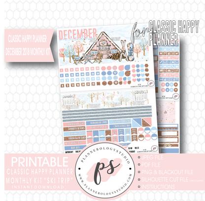 Ski Trip December 2018 Monthly View Kit Digital Printable Planner Stickers (for use with Classic Happy Planner) - Plannerologystudio