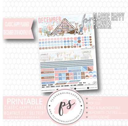 Ski Trip December 2018 Monthly View Kit Digital Printable Planner Stickers (for use with Classic Happy Planner) - Plannerologystudio