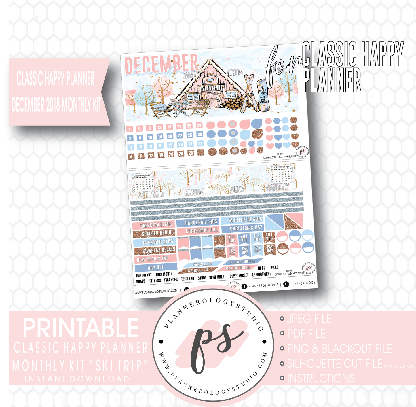 Ski Trip December 2018 Monthly View Kit Digital Printable Planner Stickers (for use with Classic Happy Planner) - Plannerologystudio
