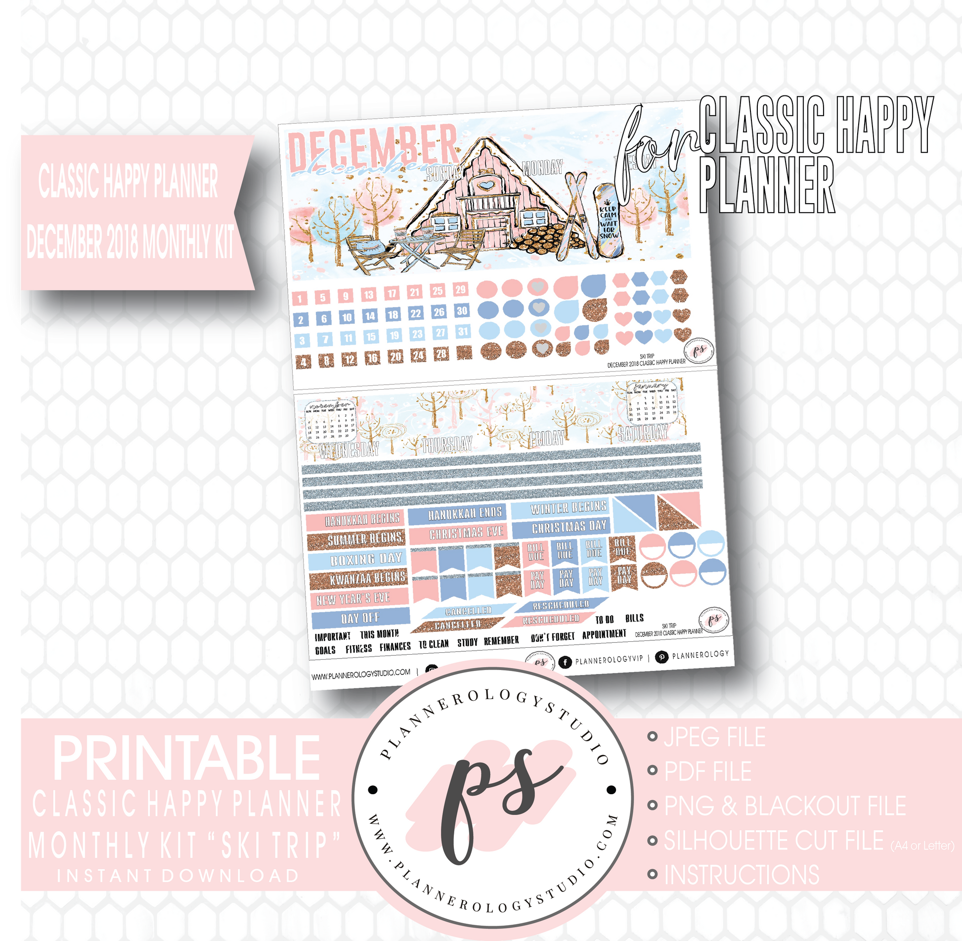 Ski Trip December 2018 Monthly View Kit Digital Printable Planner Stickers (for use with Classic Happy Planner) - Plannerologystudio