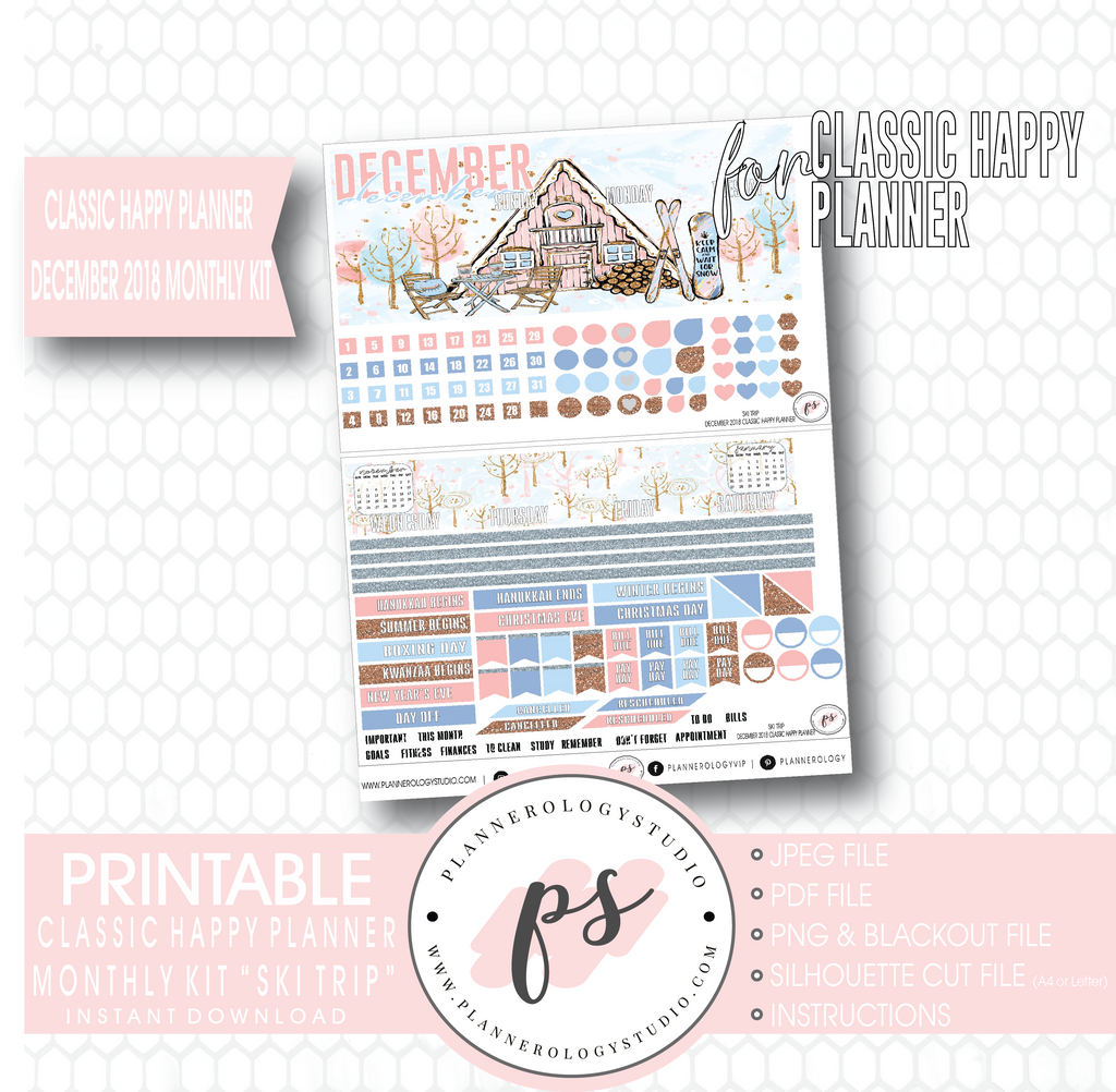 Ski Trip December 2018 Monthly View Kit Digital Printable Planner Stickers (for use with Classic Happy Planner) - Plannerologystudio