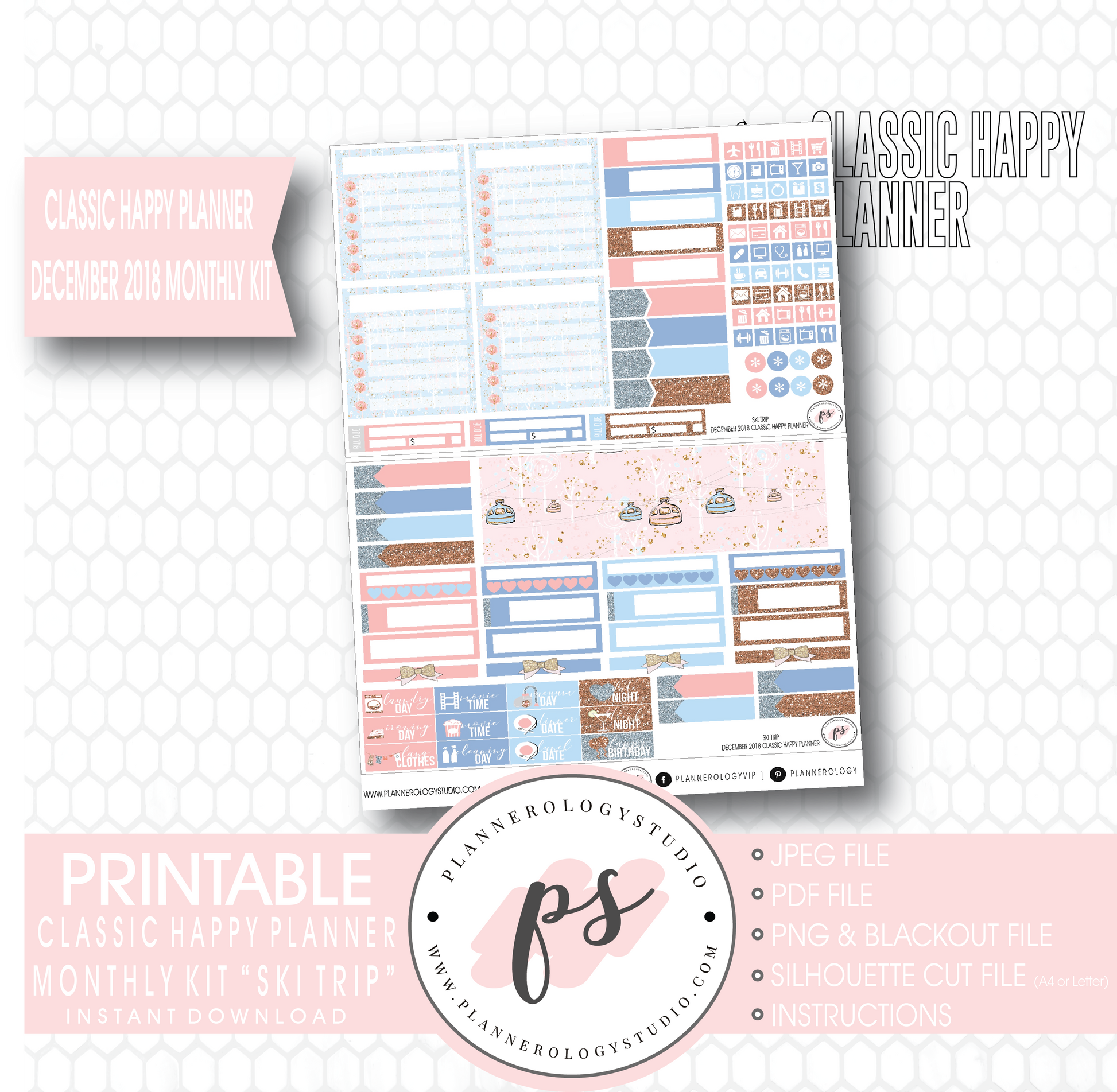 Ski Trip December 2018 Monthly View Kit Digital Printable Planner Stickers (for use with Classic Happy Planner) - Plannerologystudio