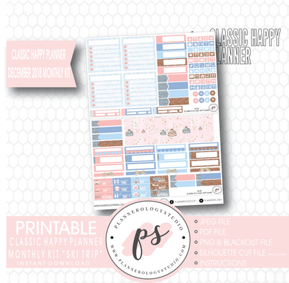 Ski Trip December 2018 Monthly View Kit Digital Printable Planner Stickers (for use with Classic Happy Planner) - Plannerologystudio