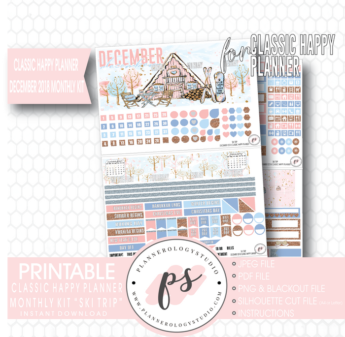 Ski Trip December 2018 Monthly View Kit Digital Printable Planner Stickers (for use with Classic Happy Planner) - Plannerologystudio