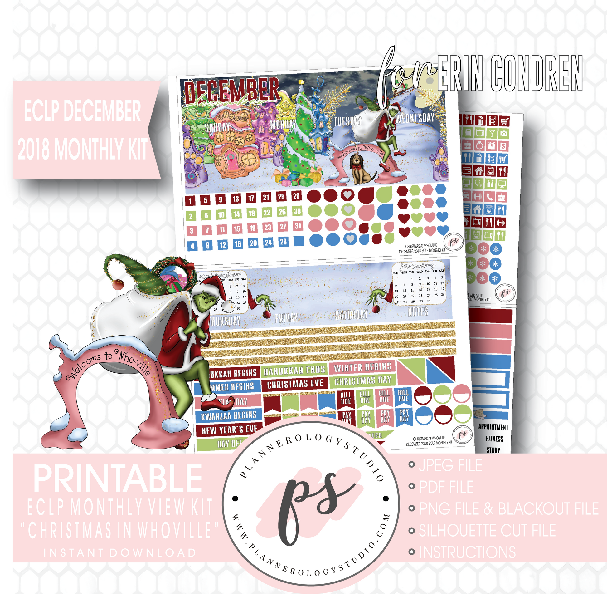 Christmas at Whoville (Grinch) December 2018 Monthly View Kit Digital Printable Planner Stickers (for use with Erin Condren) - Plannerologystudio
