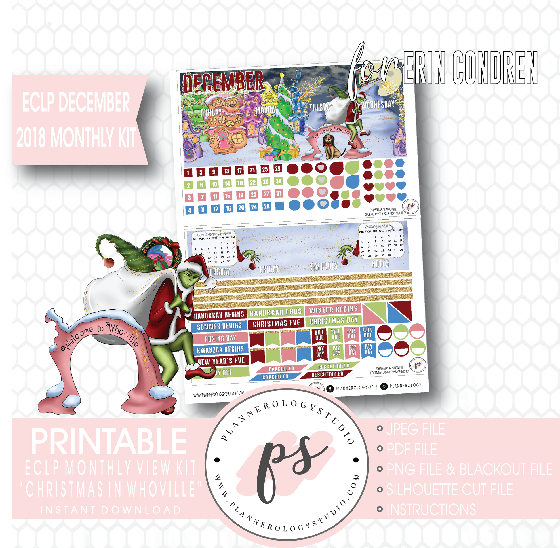 Christmas at Whoville (Grinch) December 2018 Monthly View Kit Digital Printable Planner Stickers (for use with Erin Condren) - Plannerologystudio