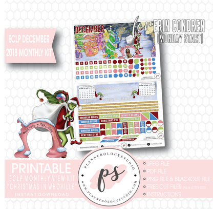 Christmas at Whoville (Grinch) December 2018 Monthly View Kit Digital Printable Planner Stickers (for use with Erin Condren) (Monday Start) - Plannerologystudio