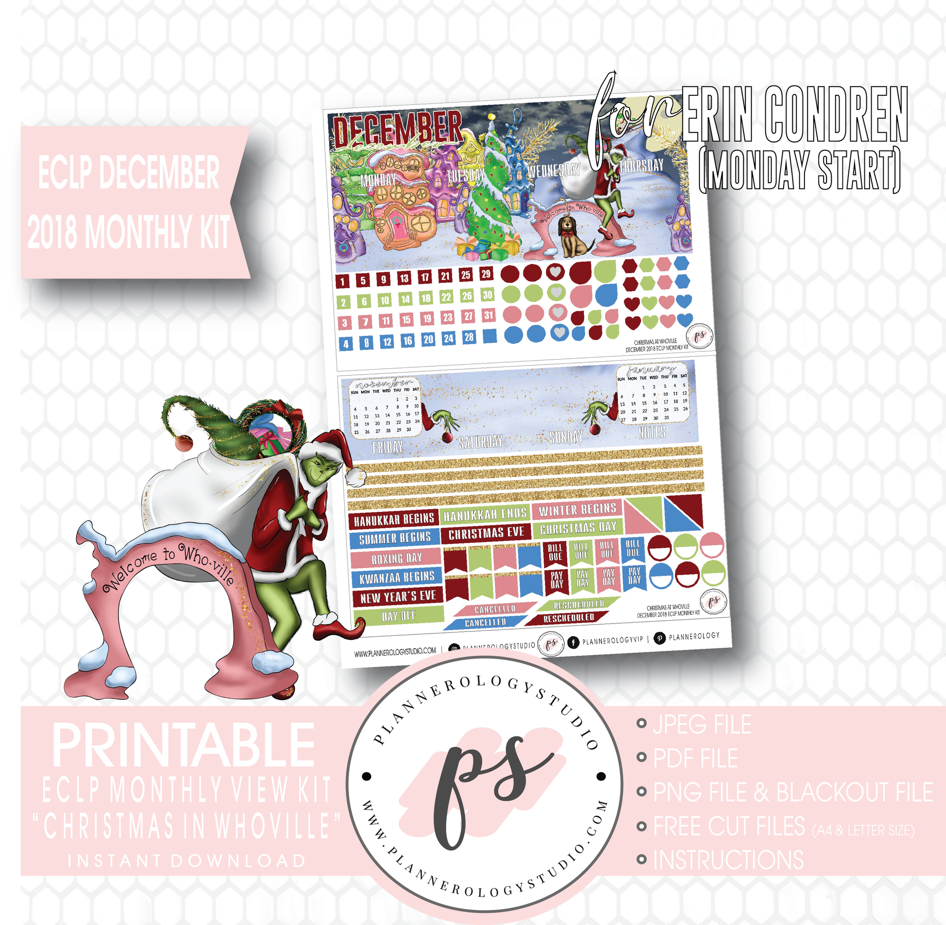 Christmas at Whoville (Grinch) December 2018 Monthly View Kit Digital Printable Planner Stickers (for use with Erin Condren) (Monday Start) - Plannerologystudio