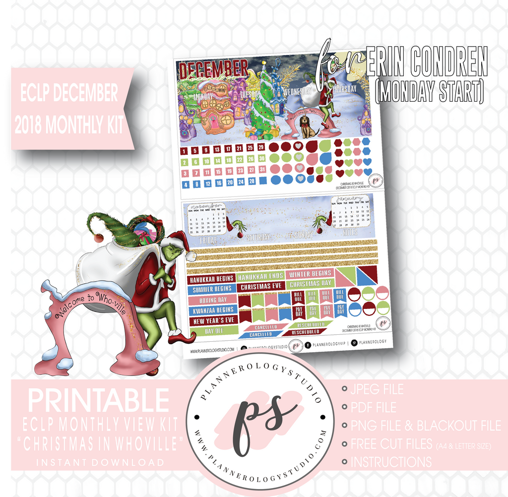 Christmas at Whoville (Grinch) December 2018 Monthly View Kit Digital Printable Planner Stickers (for use with Erin Condren) (Monday Start) - Plannerologystudio