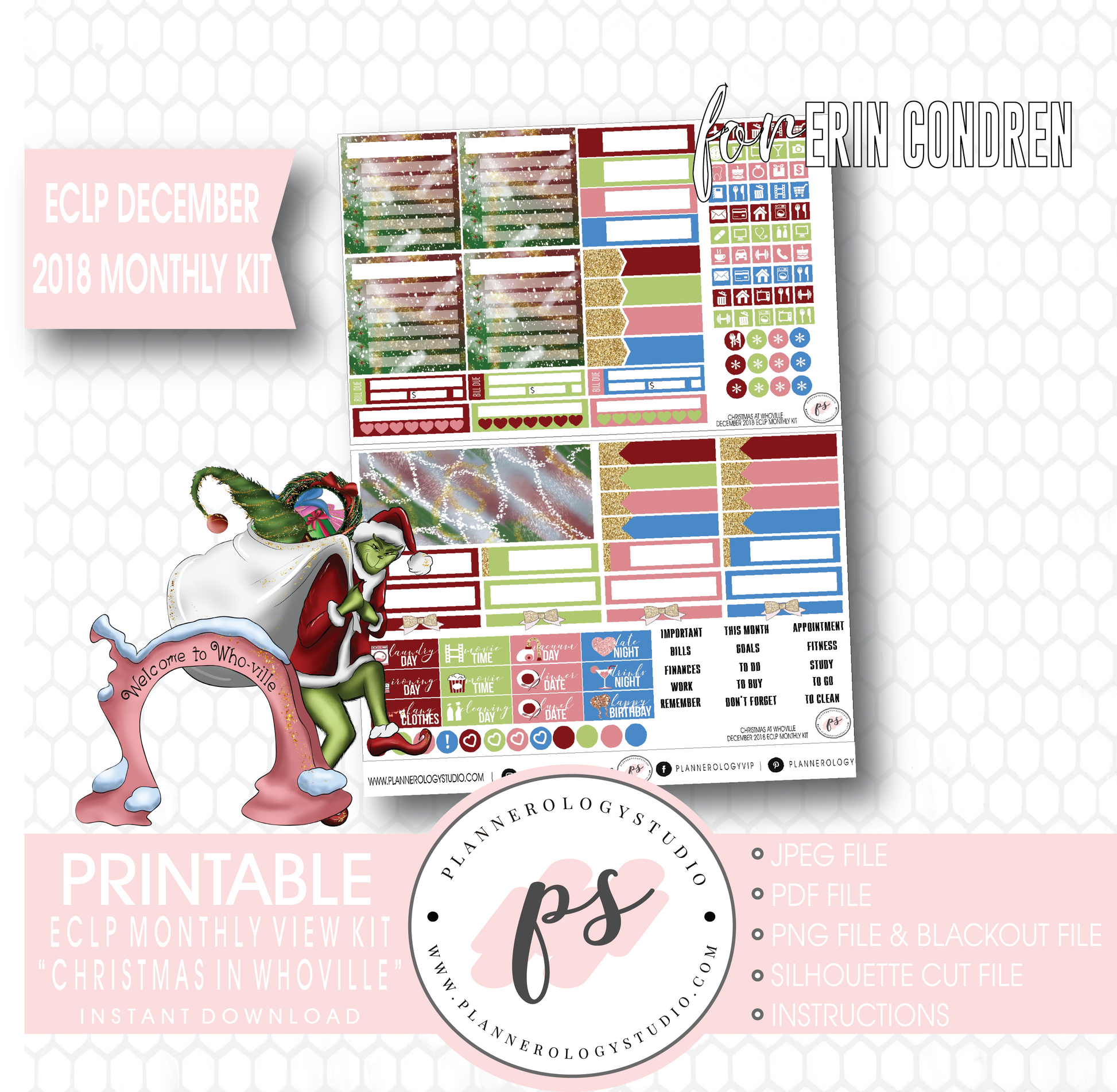 Christmas at Whoville (Grinch) December 2018 Monthly View Kit Digital Printable Planner Stickers (for use with Erin Condren) - Plannerologystudio