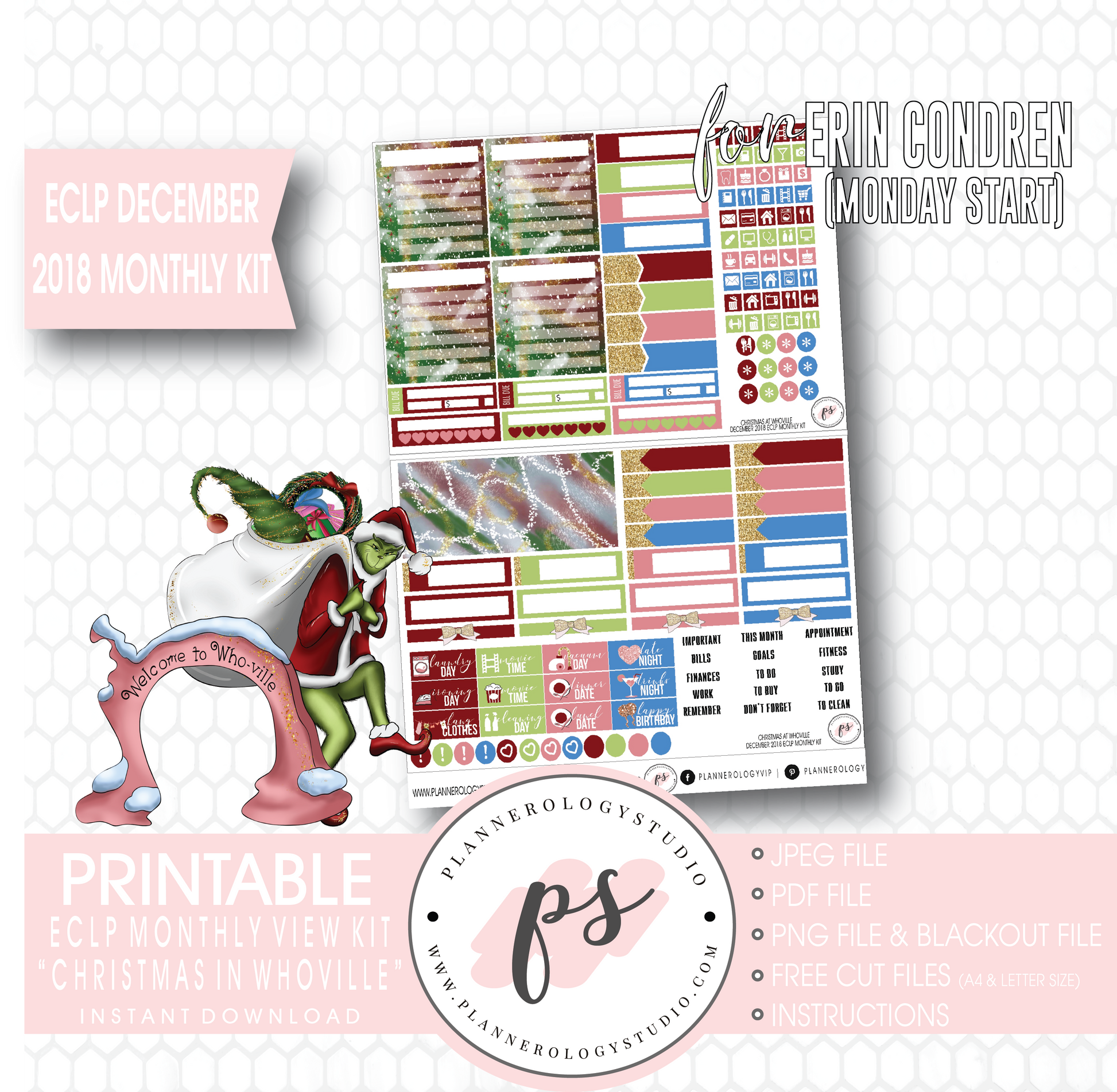 Christmas at Whoville (Grinch) December 2018 Monthly View Kit Digital Printable Planner Stickers (for use with Erin Condren) (Monday Start) - Plannerologystudio