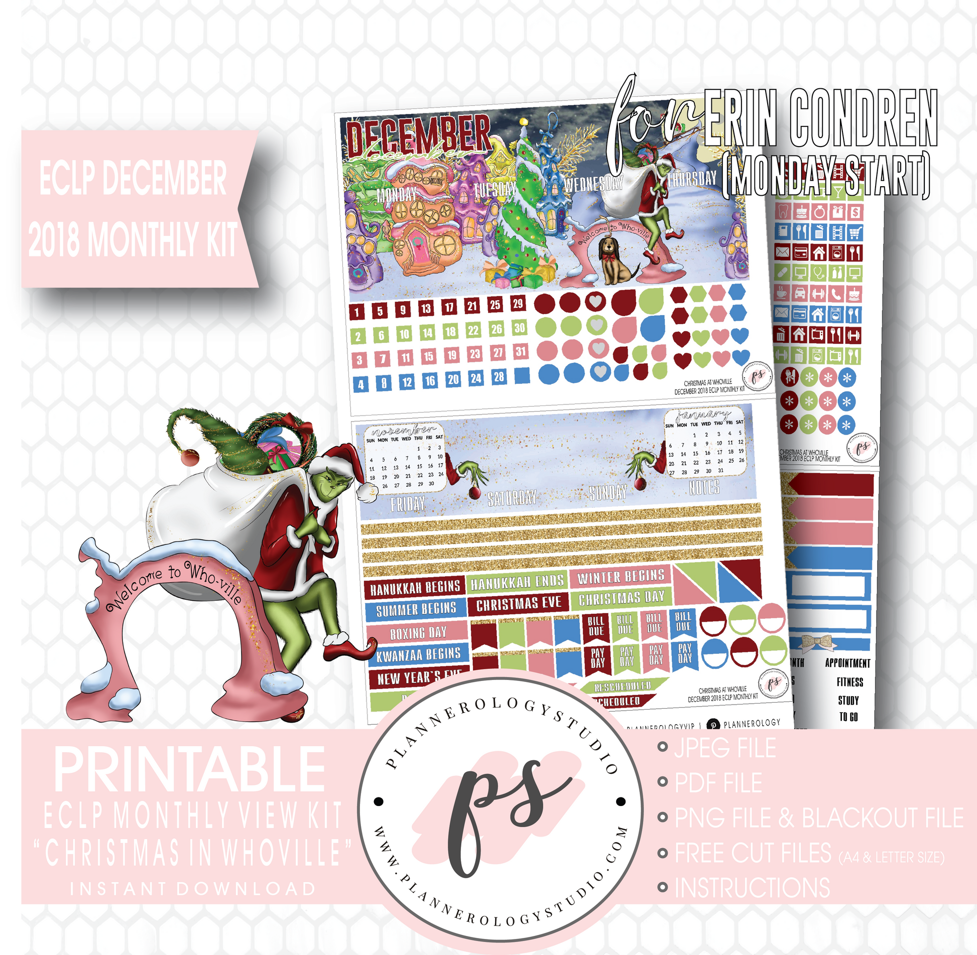 Christmas at Whoville (Grinch) December 2018 Monthly View Kit Digital Printable Planner Stickers (for use with Erin Condren) (Monday Start) - Plannerologystudio