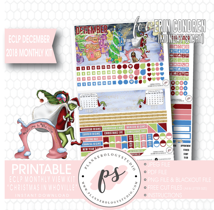 Christmas at Whoville (Grinch) December 2018 Monthly View Kit Digital Printable Planner Stickers (for use with Erin Condren) (Monday Start) - Plannerologystudio