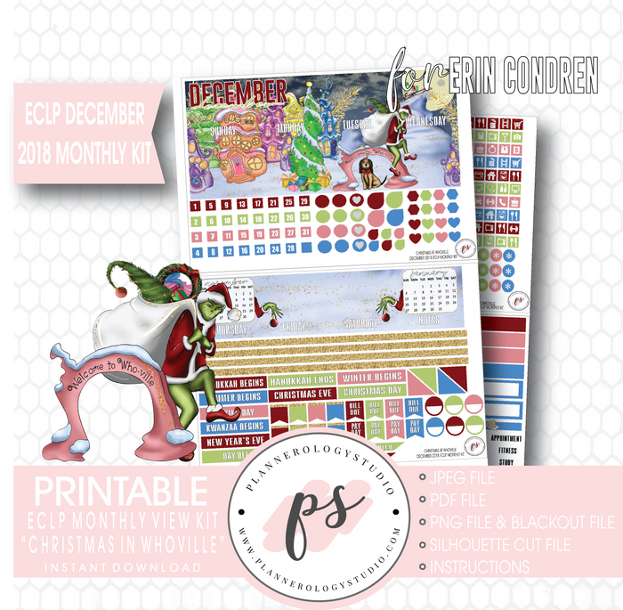 Christmas at Whoville (Grinch) December 2018 Monthly View Kit Digital Printable Planner Stickers (for use with Erin Condren) - Plannerologystudio