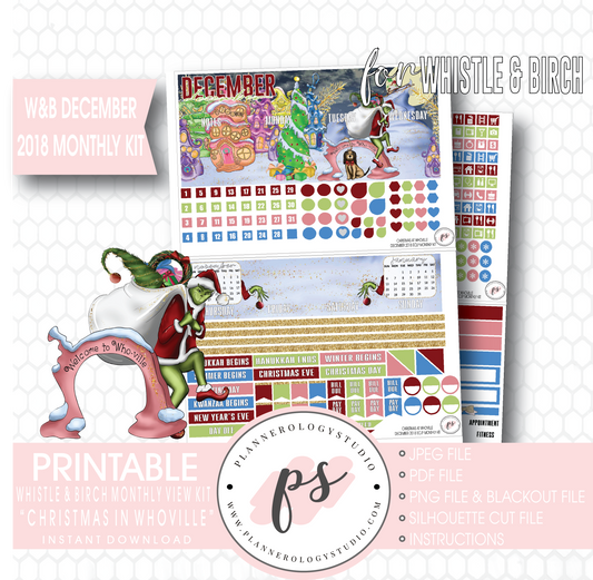 Christmas at Whoville (Grinch) December 2018 Monthly View Kit Digital Printable Planner Stickers (for use with Whistle & Birch Planner) - Plannerologystudio