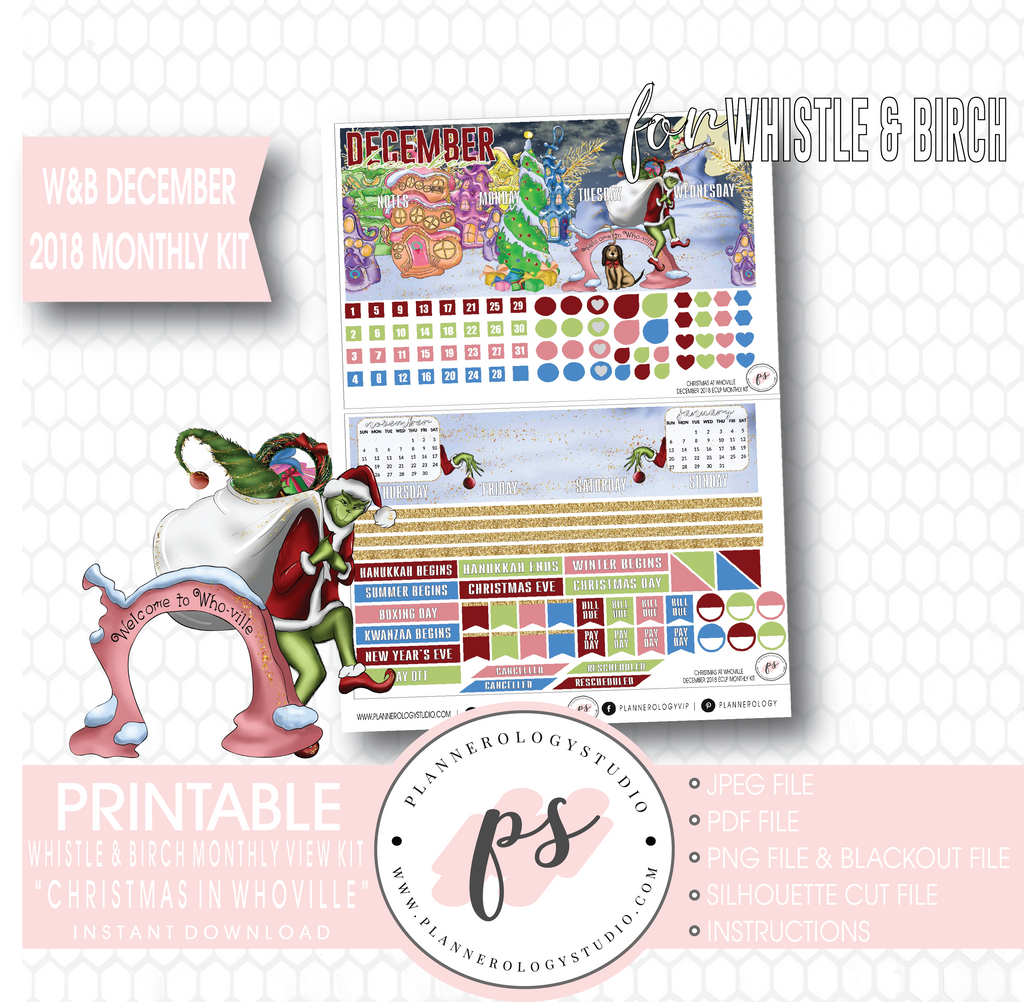 Christmas at Whoville (Grinch) December 2018 Monthly View Kit Digital Printable Planner Stickers (for use with Whistle & Birch Planner) - Plannerologystudio