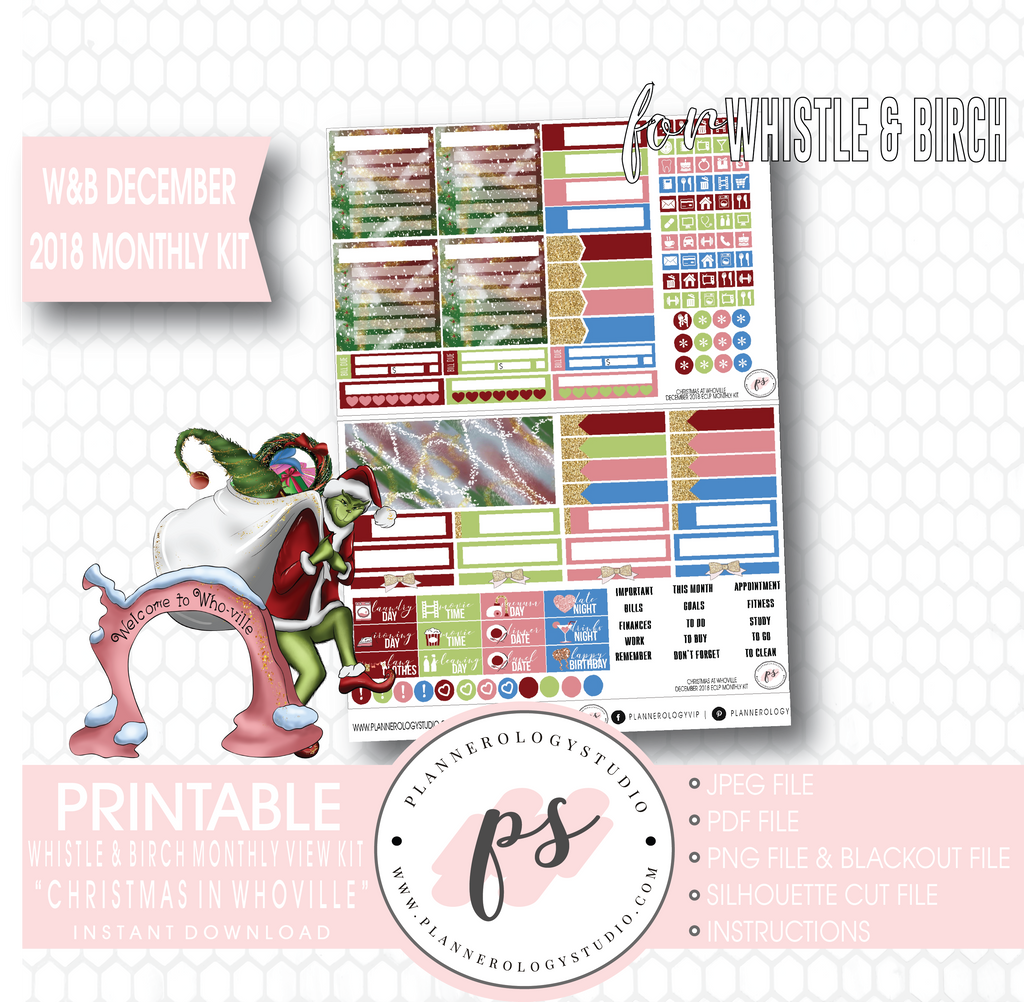 Christmas at Whoville (Grinch) December 2018 Monthly View Kit Digital Printable Planner Stickers (for use with Whistle & Birch Planner) - Plannerologystudio