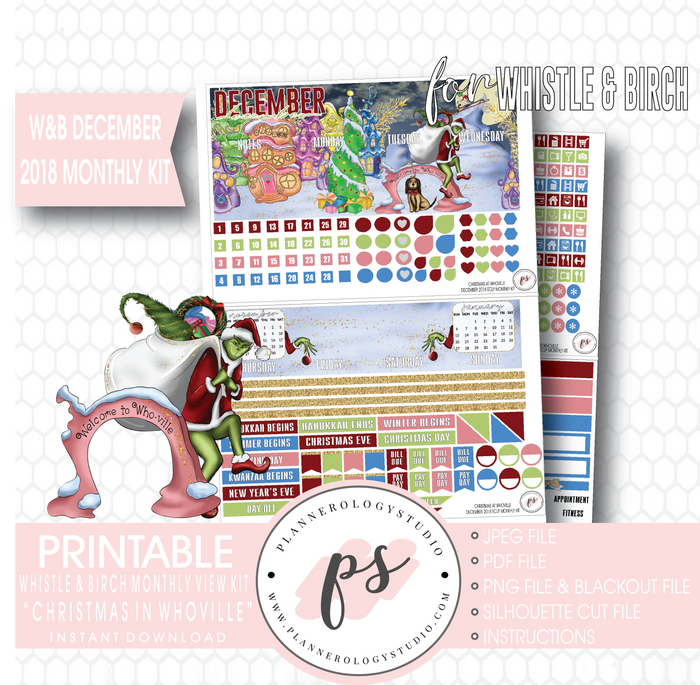 Christmas at Whoville (Grinch) December 2018 Monthly View Kit Digital Printable Planner Stickers (for use with Whistle & Birch Planner) - Plannerologystudio