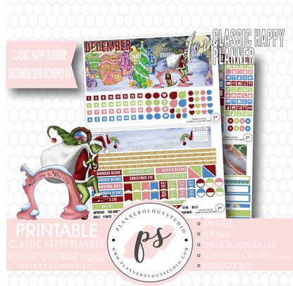 Christmas at Whoville (Grinch) December 2018 Monthly View Kit Digital Printable Planner Stickers (for use with Classic Happy Planner) - Plannerologystudio