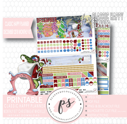 Christmas at Whoville (Grinch) December 2018 Monthly View Kit Digital Printable Planner Stickers (for use with Classic Happy Planner) - Plannerologystudio