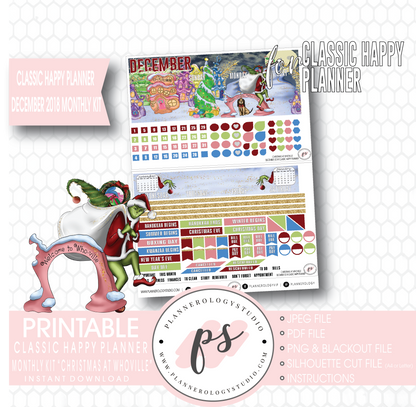 Christmas at Whoville (Grinch) December 2018 Monthly View Kit Digital Printable Planner Stickers (for use with Classic Happy Planner) - Plannerologystudio