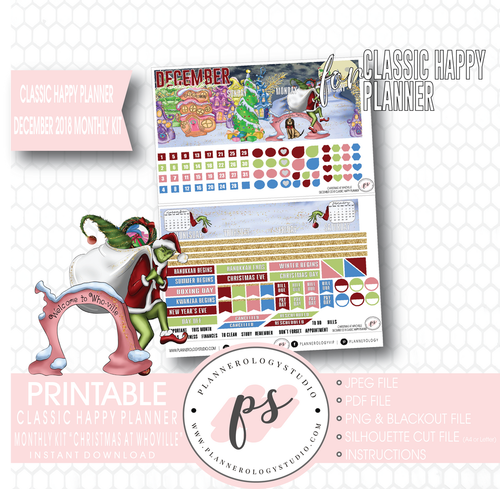 Christmas at Whoville (Grinch) December 2018 Monthly View Kit Digital Printable Planner Stickers (for use with Classic Happy Planner) - Plannerologystudio