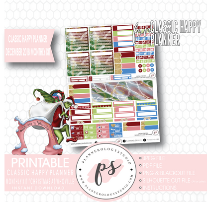 Christmas at Whoville (Grinch) December 2018 Monthly View Kit Digital Printable Planner Stickers (for use with Classic Happy Planner) - Plannerologystudio