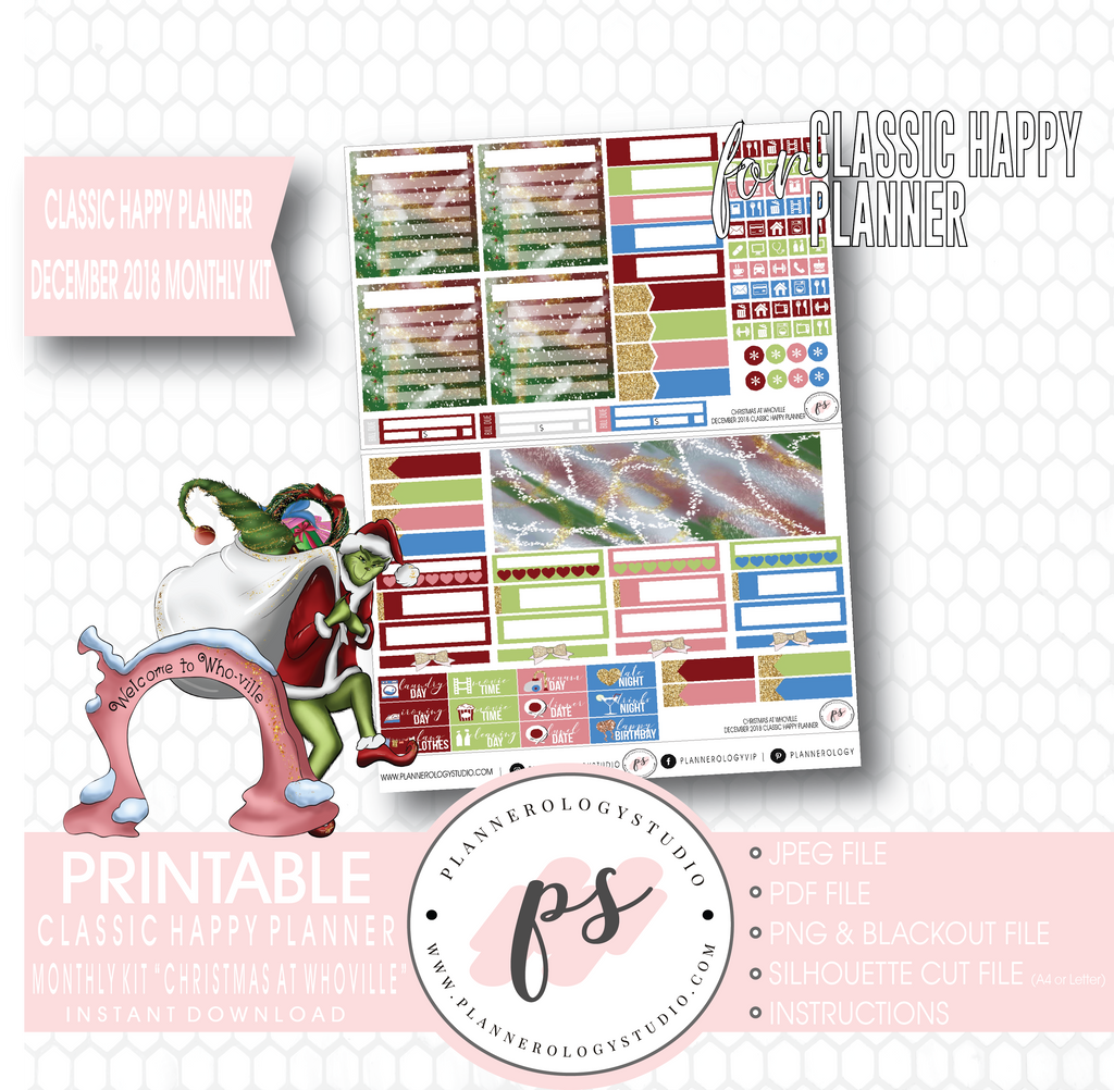 Christmas at Whoville (Grinch) December 2018 Monthly View Kit Digital Printable Planner Stickers (for use with Classic Happy Planner) - Plannerologystudio