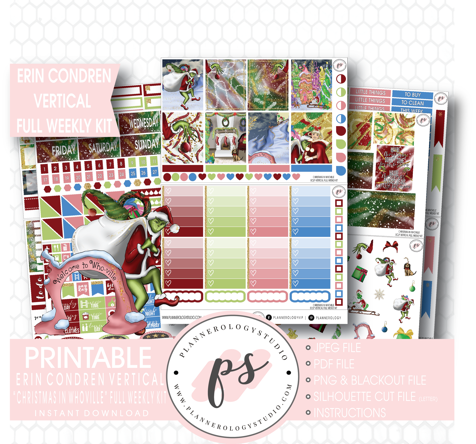 Christmas in Whoville (Grinch) Full Weekly Kit Printable Planner Stickers (for use with Erin Condren Vertical) - Plannerologystudio