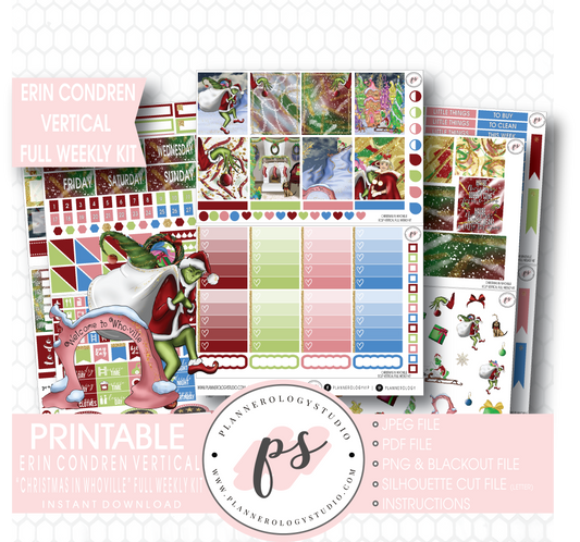 Christmas in Whoville (Grinch) Full Weekly Kit Printable Planner Stickers (for use with Erin Condren Vertical) - Plannerologystudio