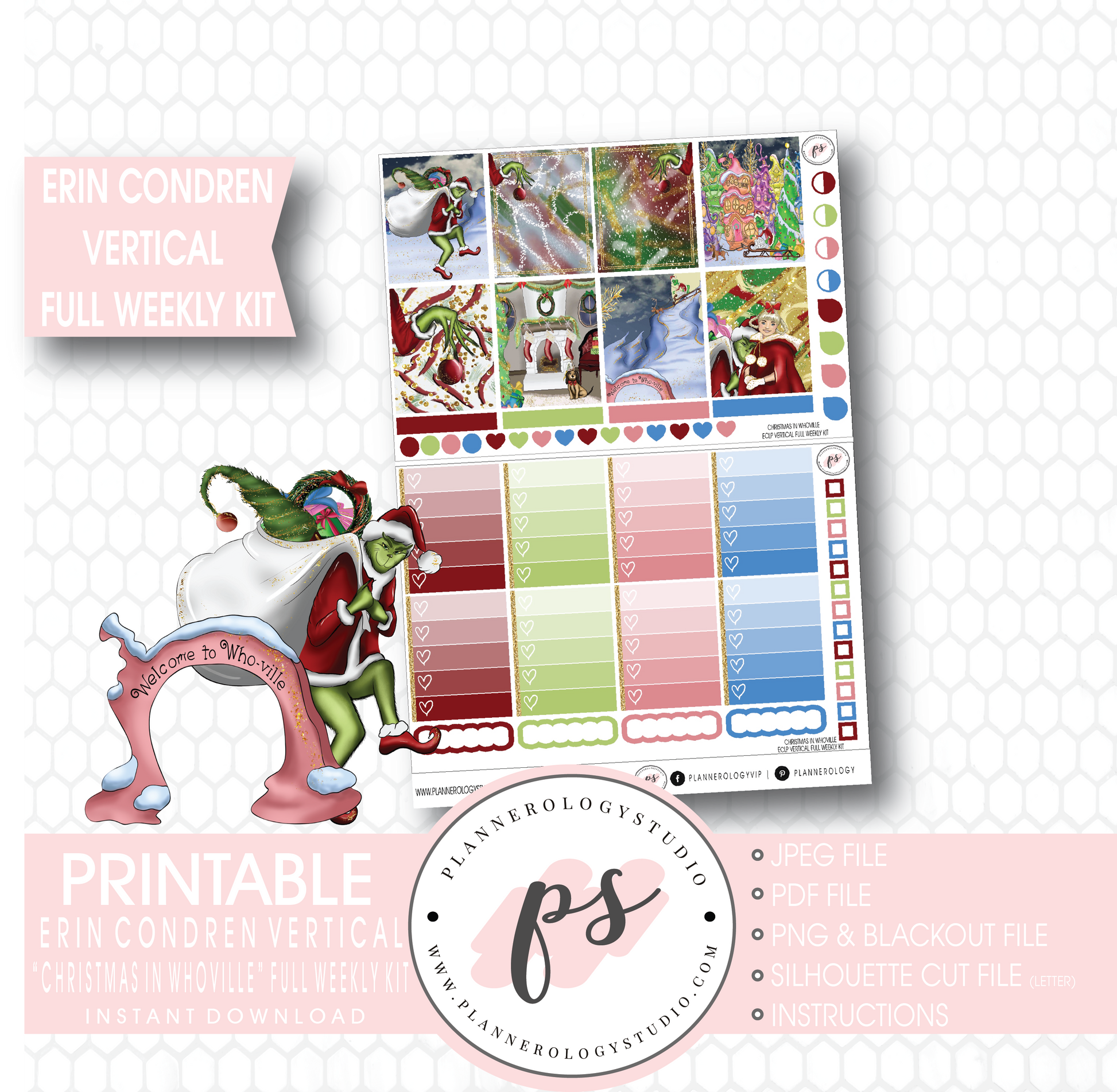 Christmas in Whoville (Grinch) Full Weekly Kit Printable Planner Stickers (for use with Erin Condren Vertical) - Plannerologystudio