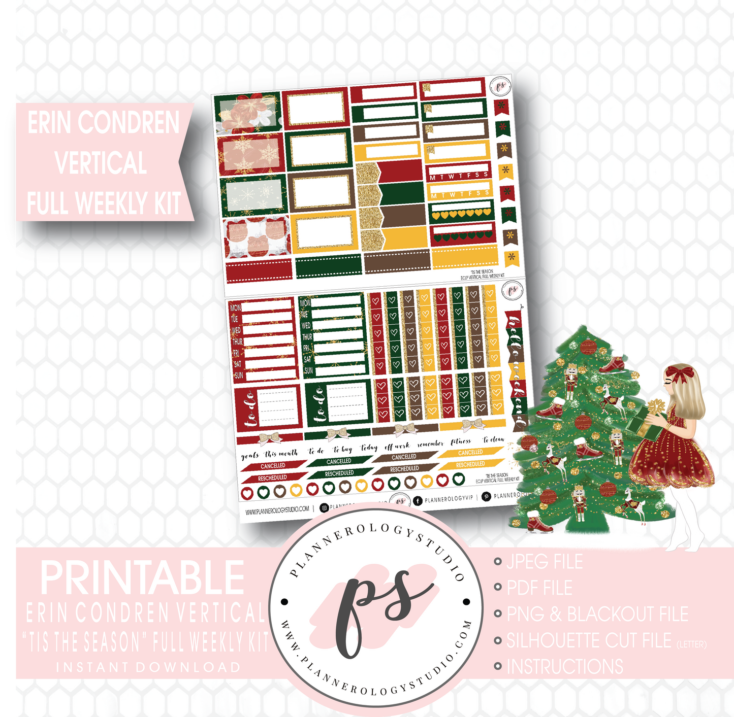 'Tis the Season Christmas Full Weekly Kit Printable Planner Stickers (for use with Erin Condren Vertical) - Plannerologystudio