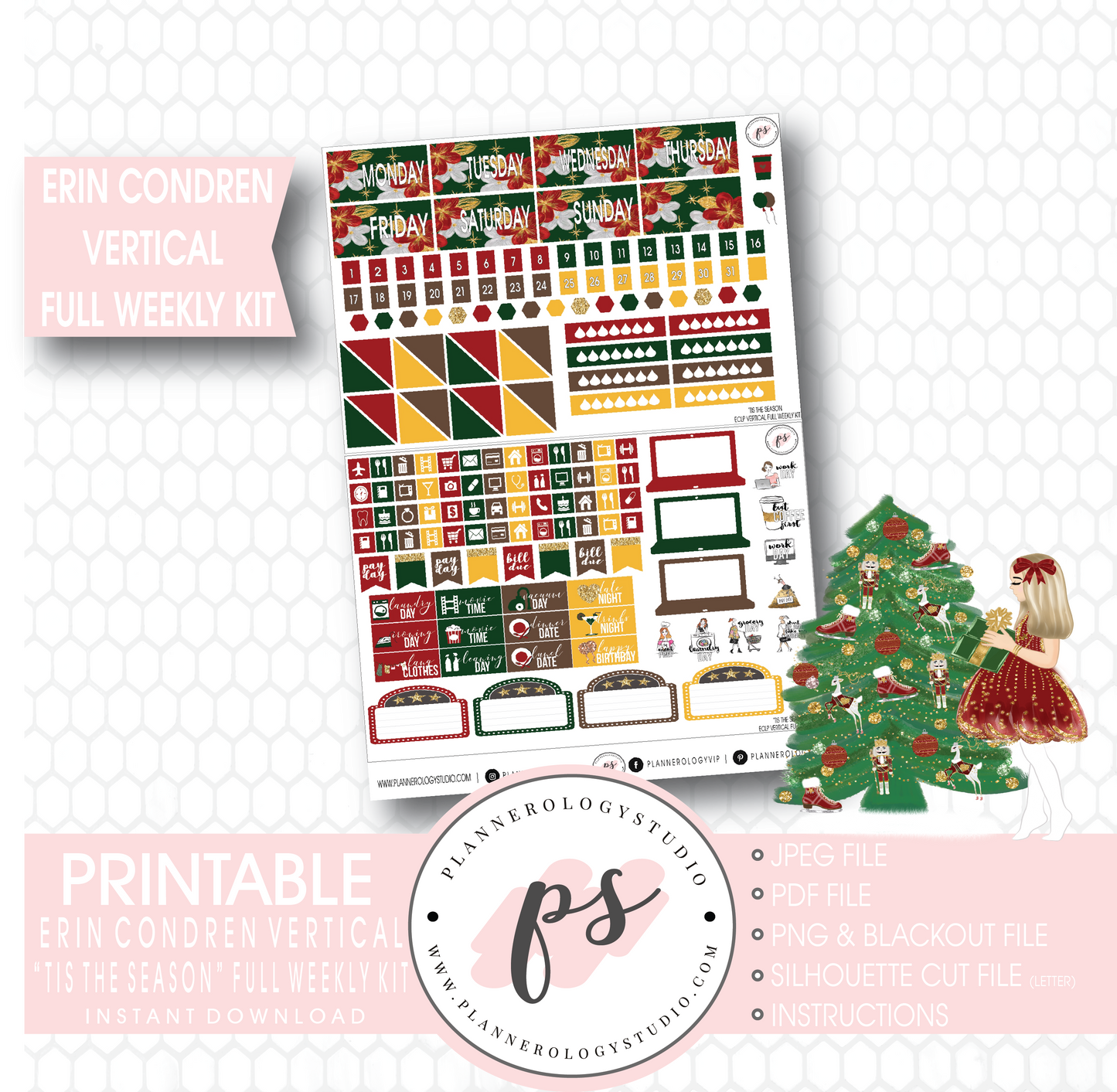 'Tis the Season Christmas Full Weekly Kit Printable Planner Stickers (for use with Erin Condren Vertical) - Plannerologystudio