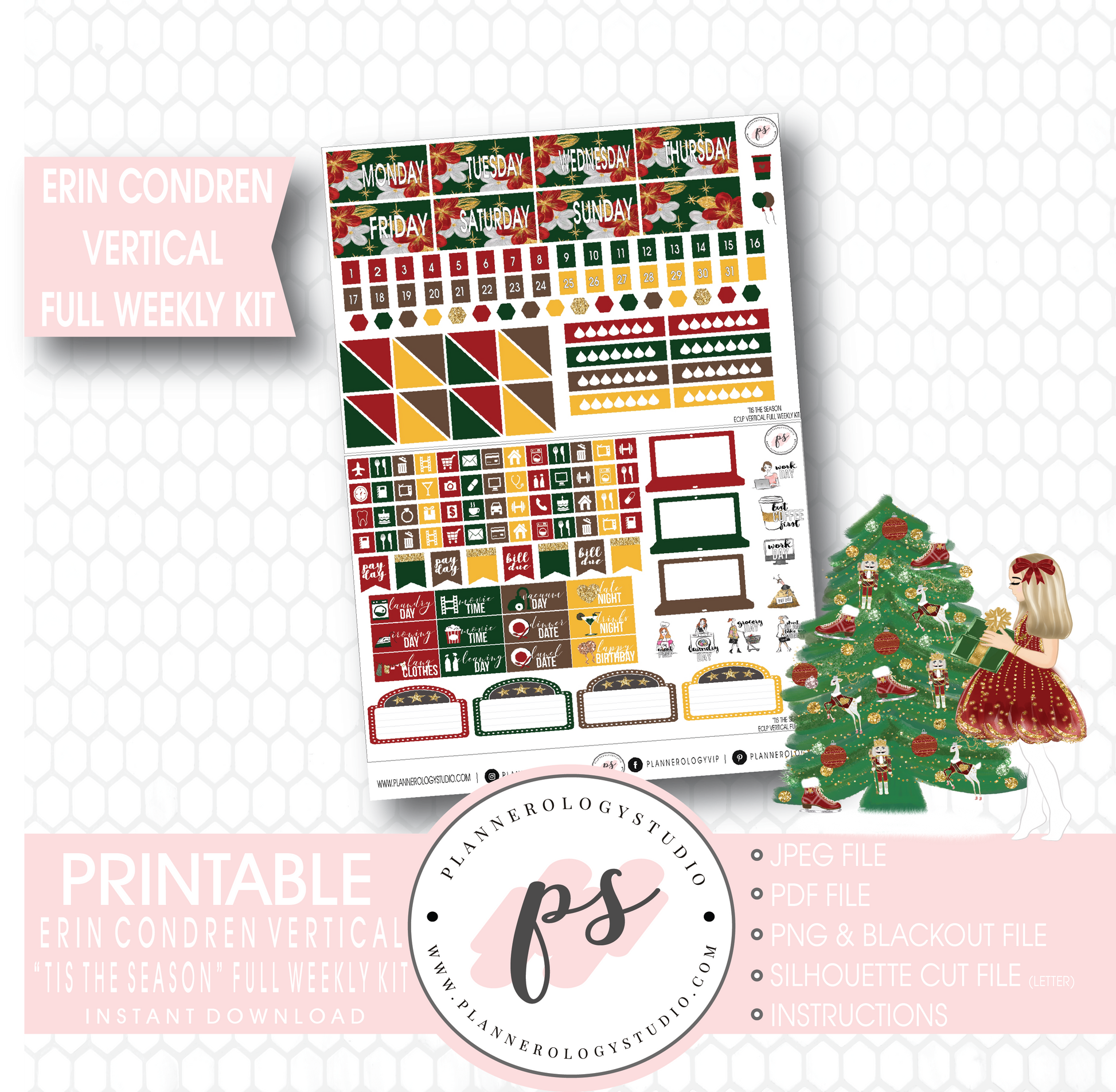 'Tis the Season Christmas Full Weekly Kit Printable Planner Stickers (for use with Erin Condren Vertical) - Plannerologystudio