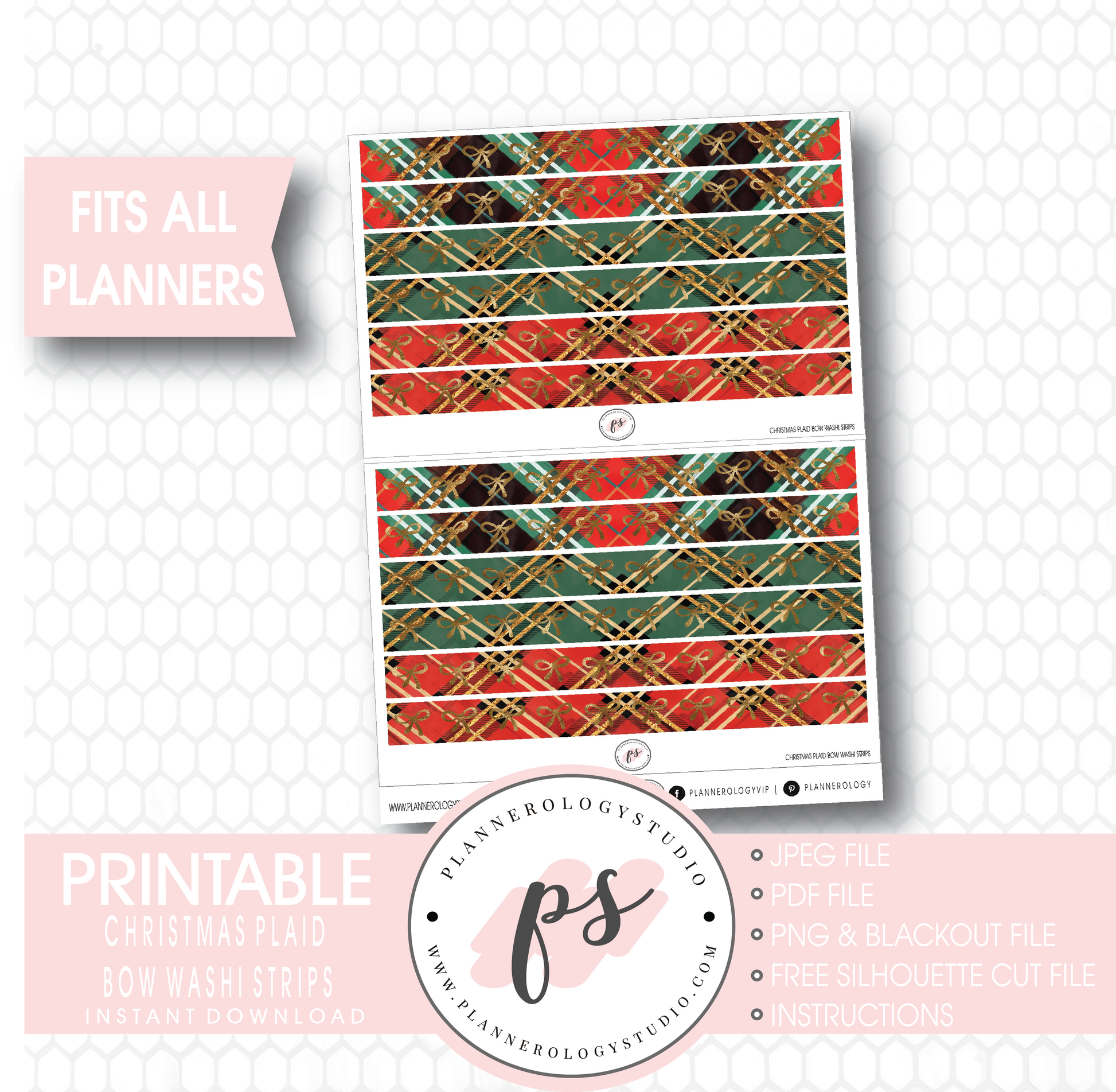 Christmas Plaid Pattern Bow Icon Washi Strip Digital Printable Planner Stickers - Plannerologystudio