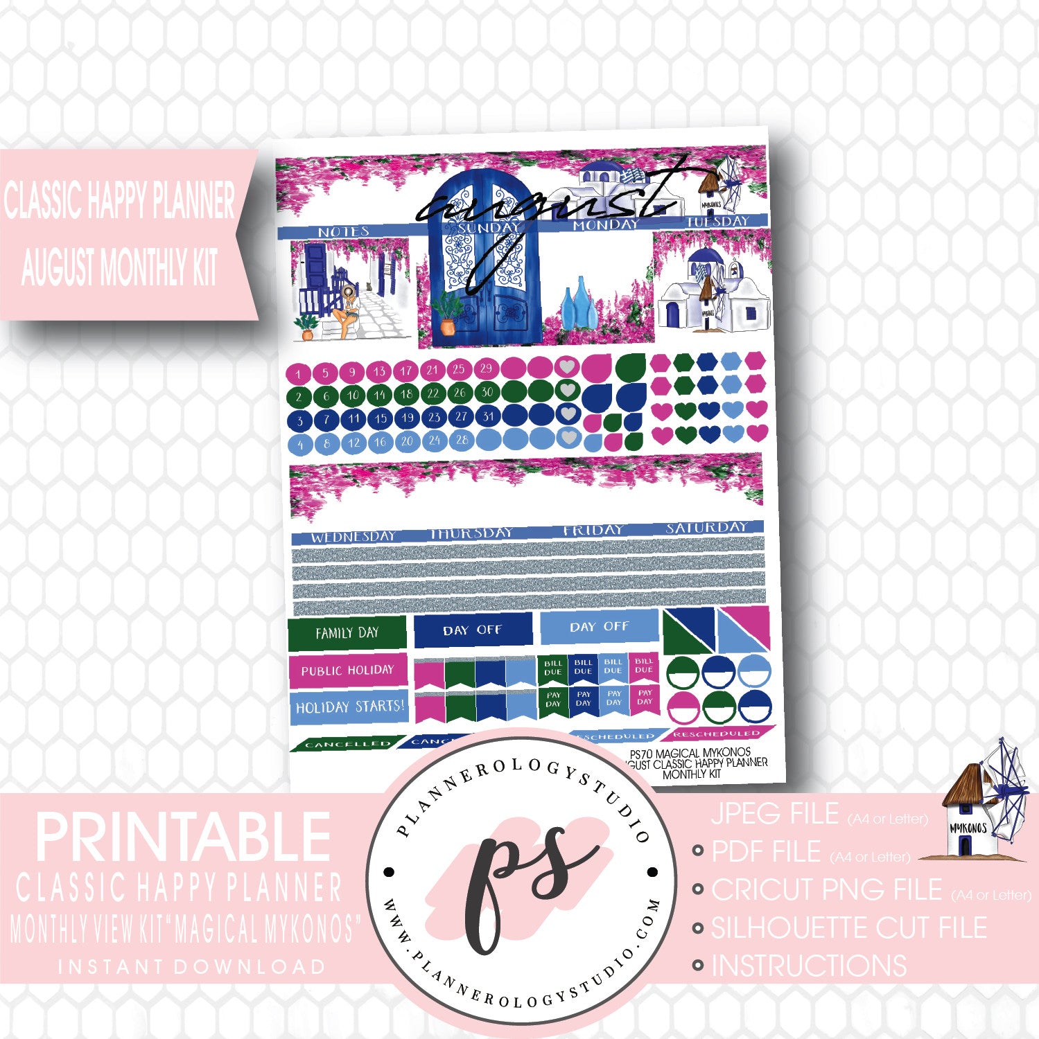 "Magical Mykonos" August 2017 Monthly View Kit Printable Planner Stickers (for use with Mambi Classic Happy Planner) - Plannerologystudio