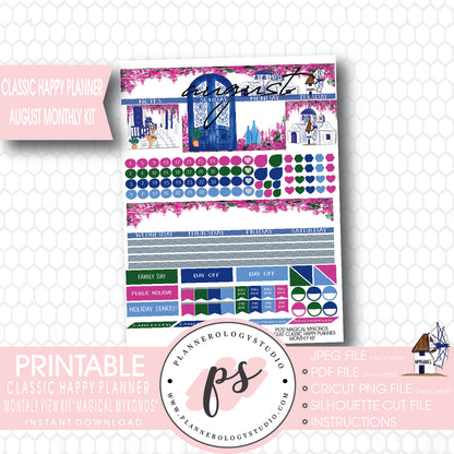 "Magical Mykonos" August 2017 Monthly View Kit Printable Planner Stickers (for use with Mambi Classic Happy Planner) - Plannerologystudio